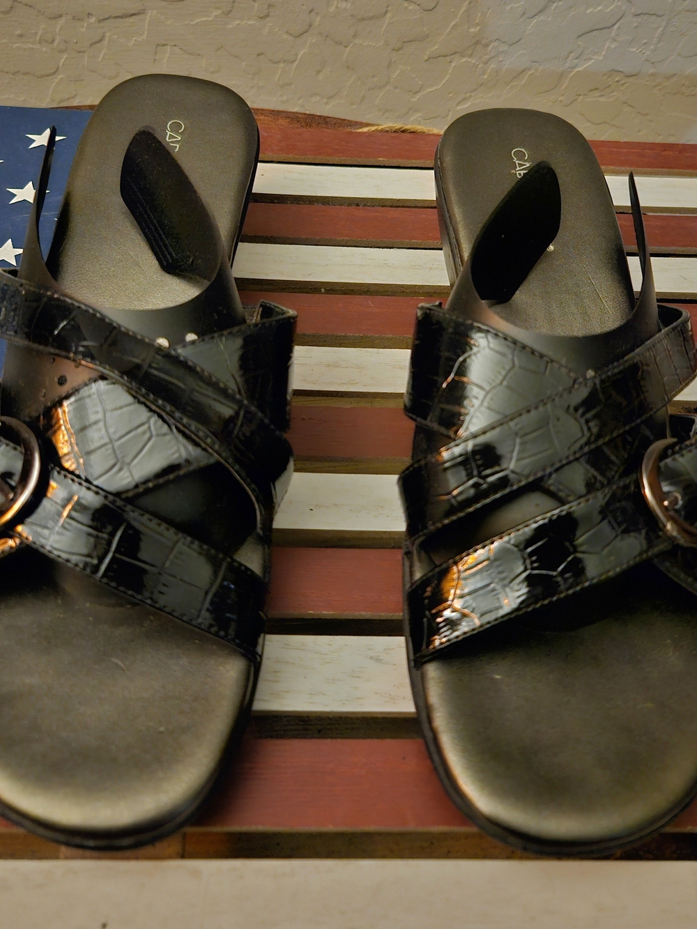 Cabin Creek Black Patent Cross-Buckle Slide Sandals
